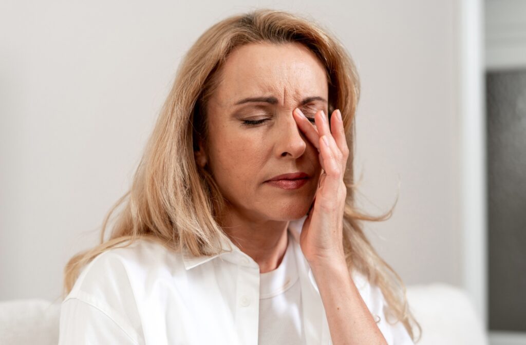 A person holding their hand up against their eyes due to their blurred vision from dry eyes.