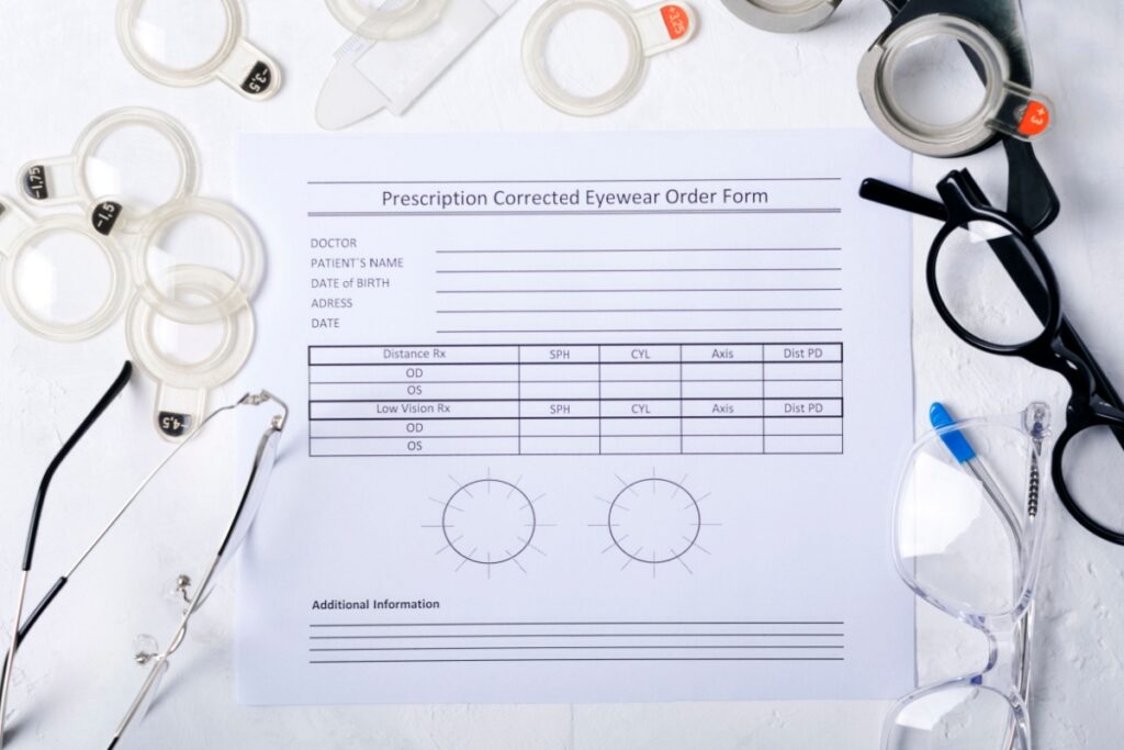 A close up of an eyewear prescription form.