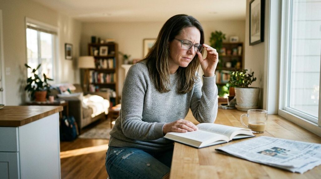 An adult squinting while wearing the wrong glasses prescription.