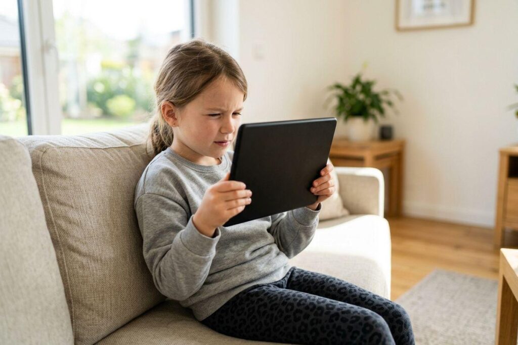 Child sitting on a sofa holding a tablet close to their face, squinting at the screen, in a bright living room.
