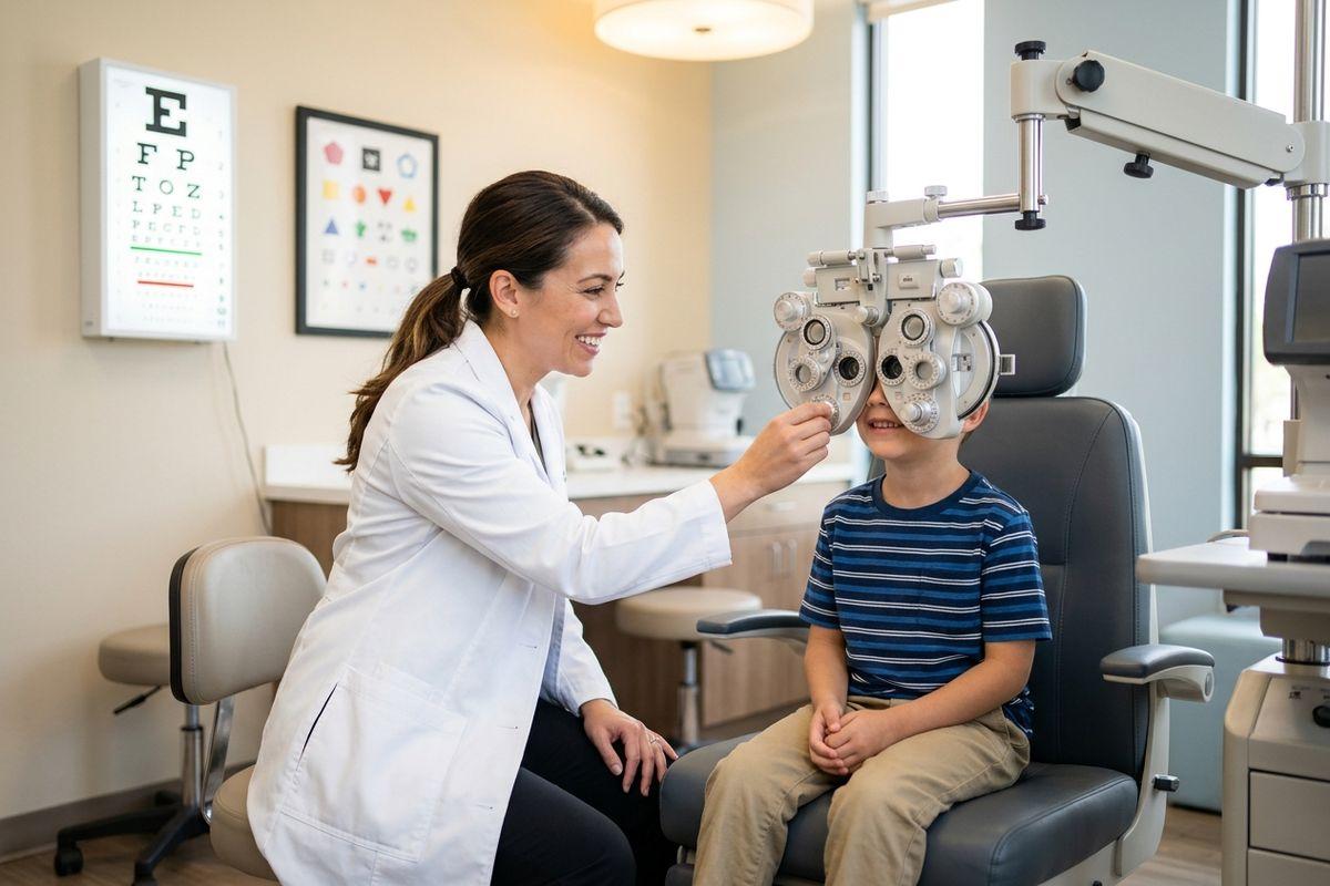 Smiling optometrist adjusting a phoropter over a child's eyes during an eye exam in a clinic with an eye chart on the wall.