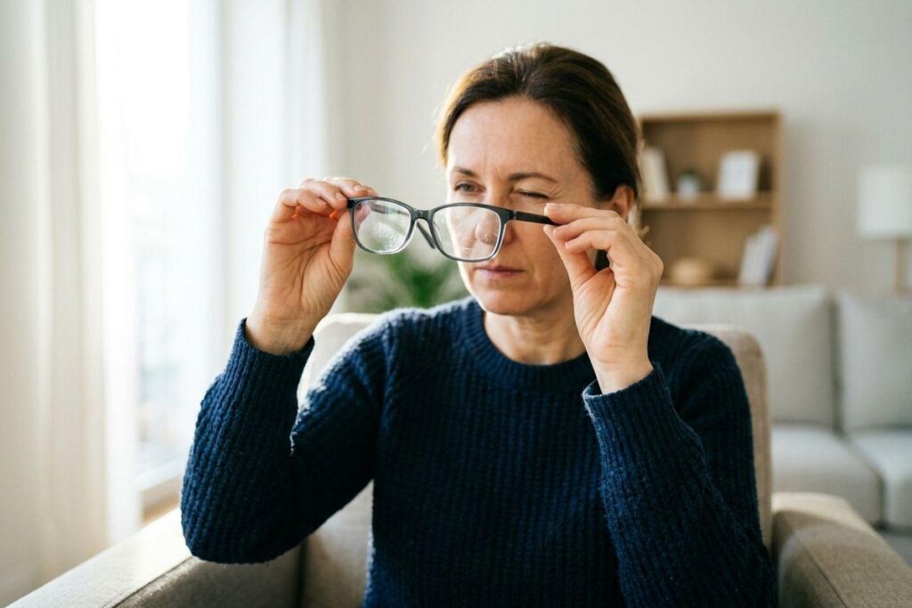 Adult squinting while holding eyeglasses up close to examine them, seated in a living room.