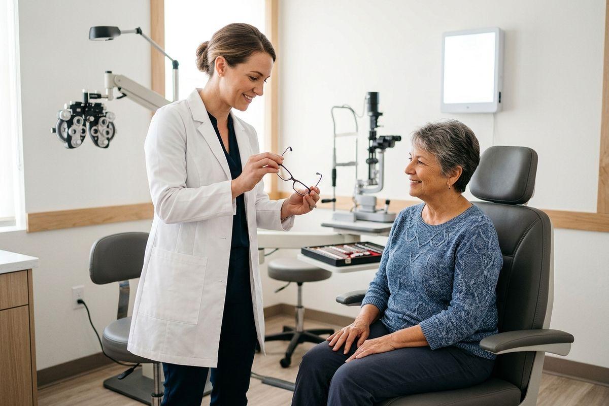 Smiling optometrist holds a pair of glasses toward a seated older adult patient in an eye exam room with a phoropter and slit lamp.