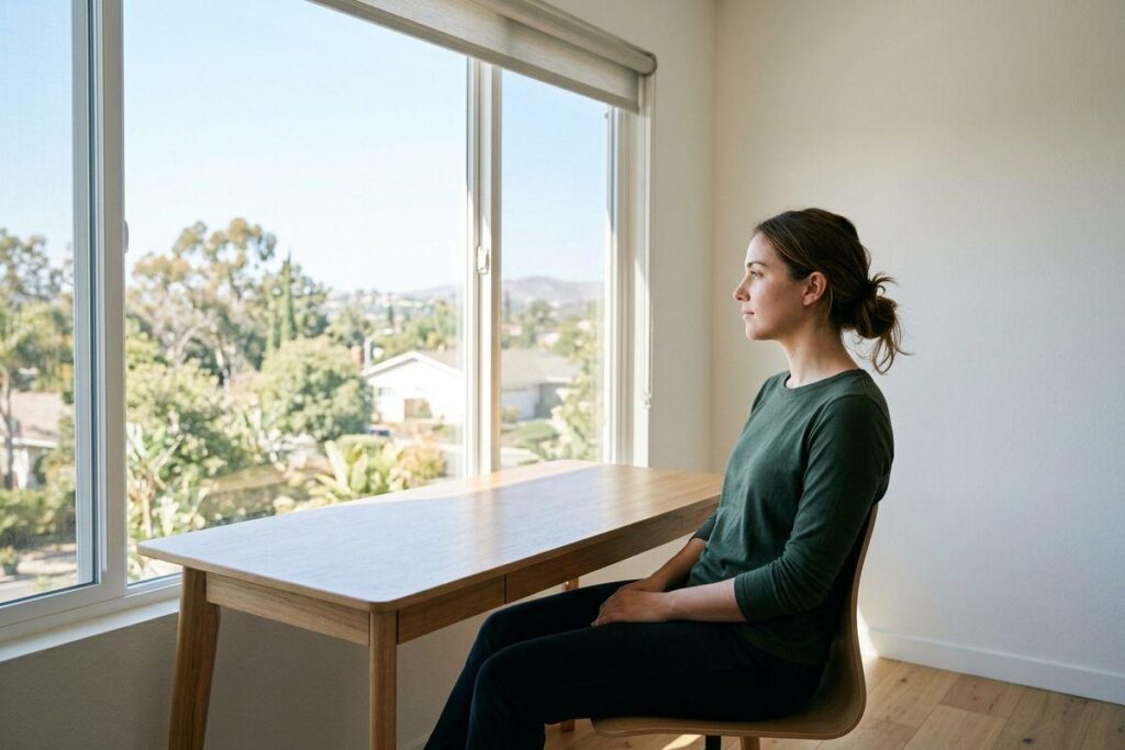 Adult sitting at a wooden desk gazing out a large window overlooking trees and hills in a bright, minimal room.