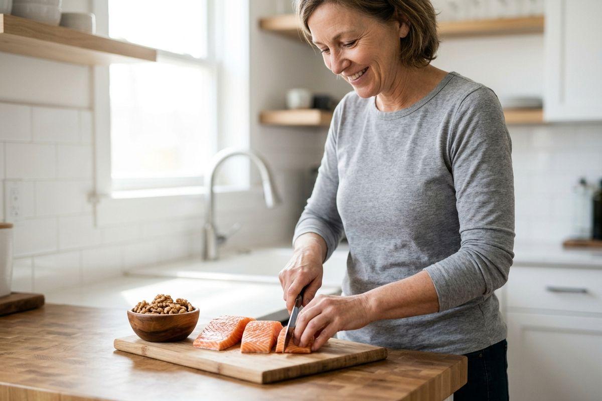 Smiling adult cutting raw salmon fillets on a wooden board in a kitchen, with a bowl of walnuts nearby.