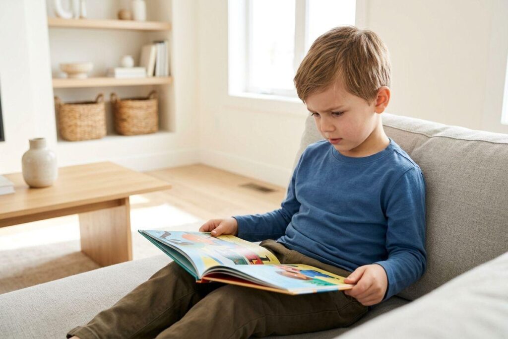 A child sitting on a sofa reading a colorful picture book, focused, in a bright living room.
