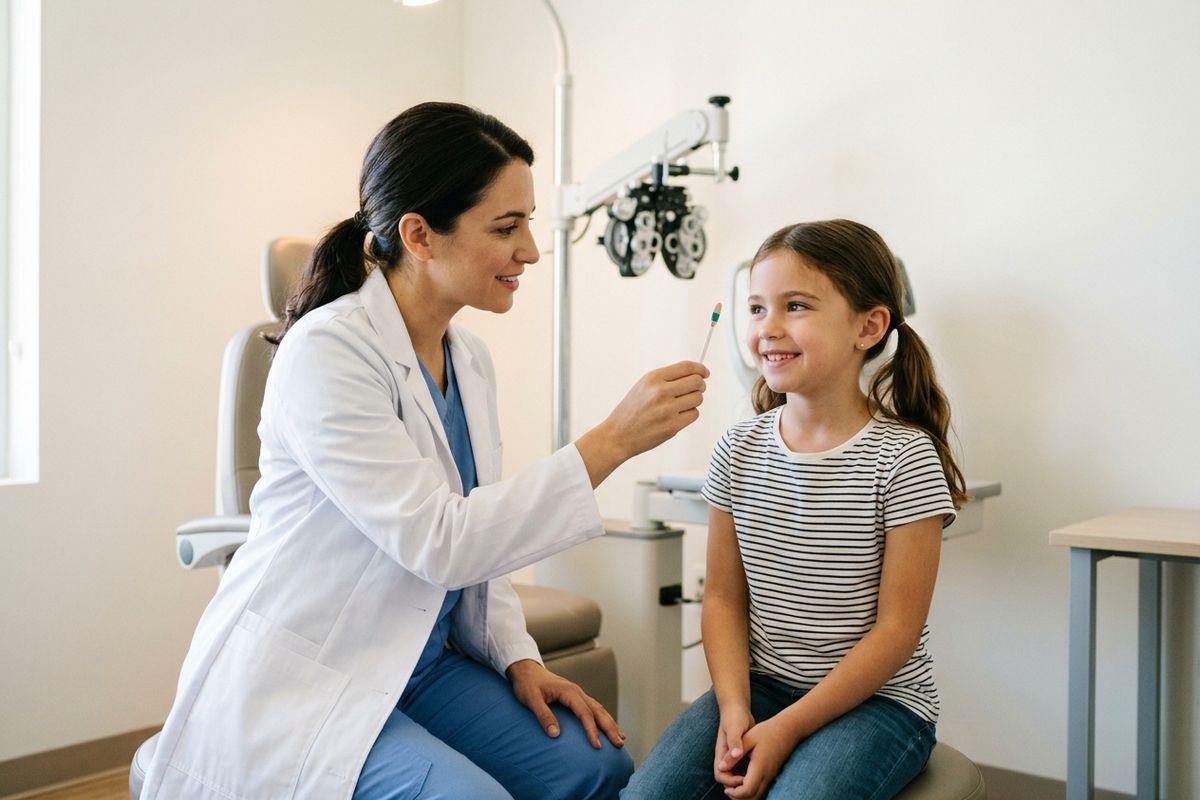 An optometrist holds a pen light near a smiling child's face during an eye exam, with a phoropter visible in the background.